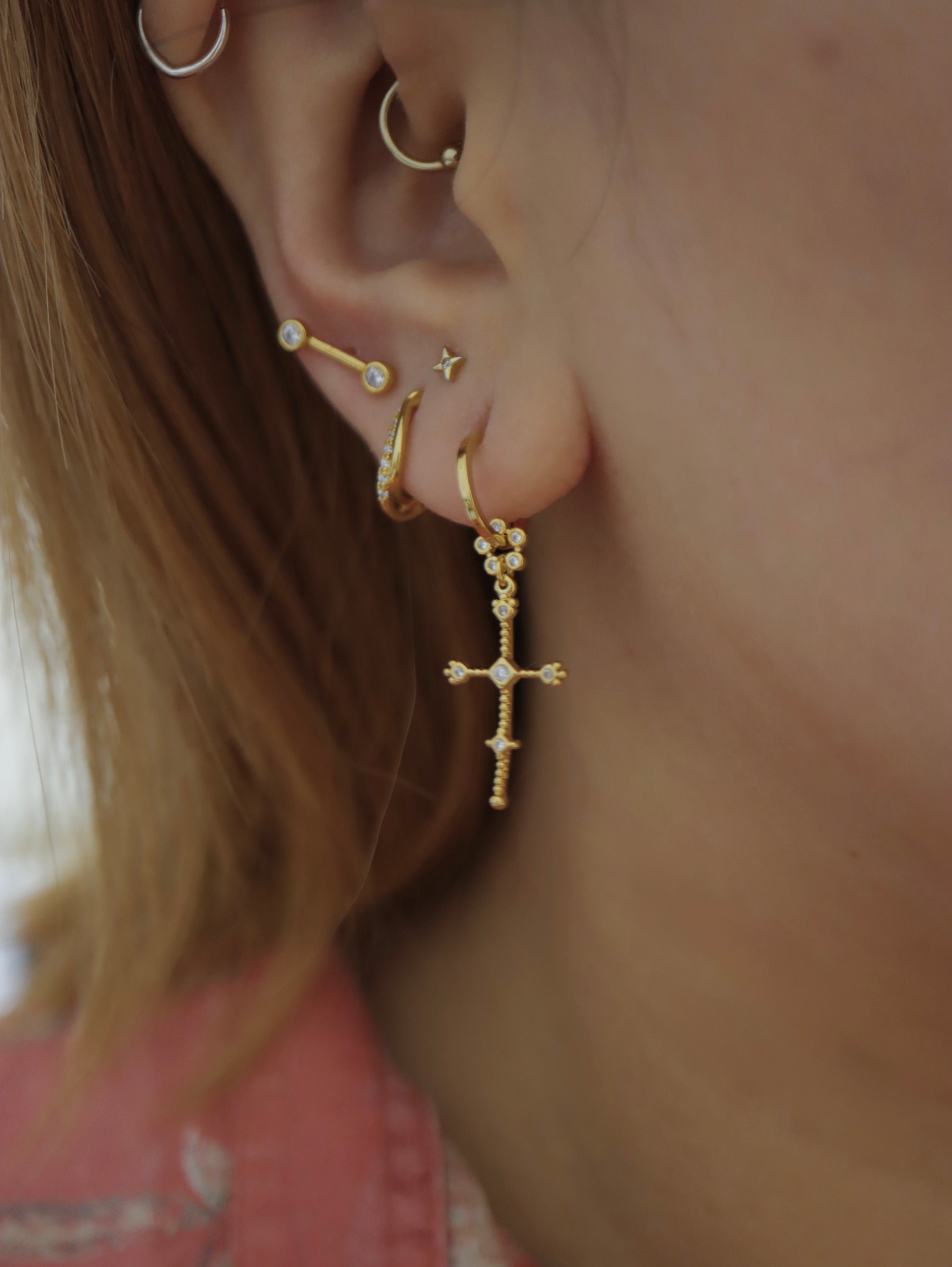 Drop cz cross brass earrings