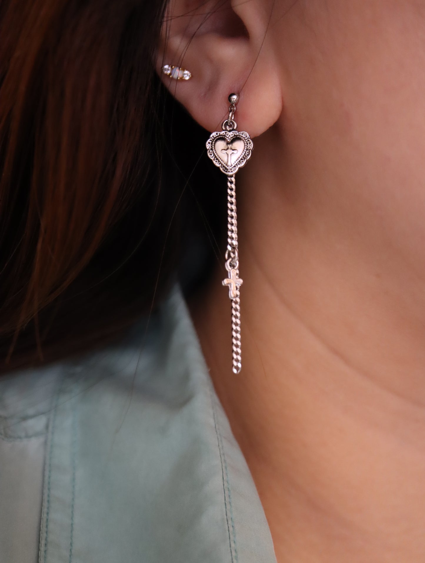 Long drop cross heart earrings