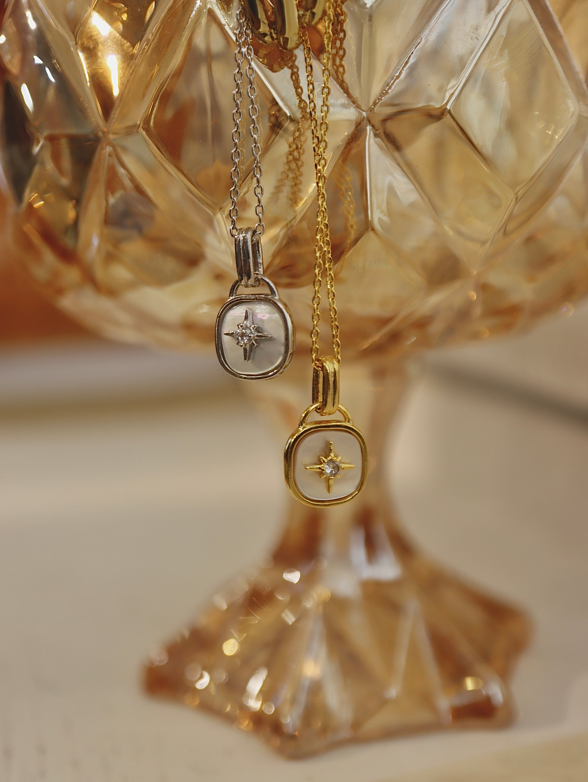Crescent / sparkle shell coin necklace