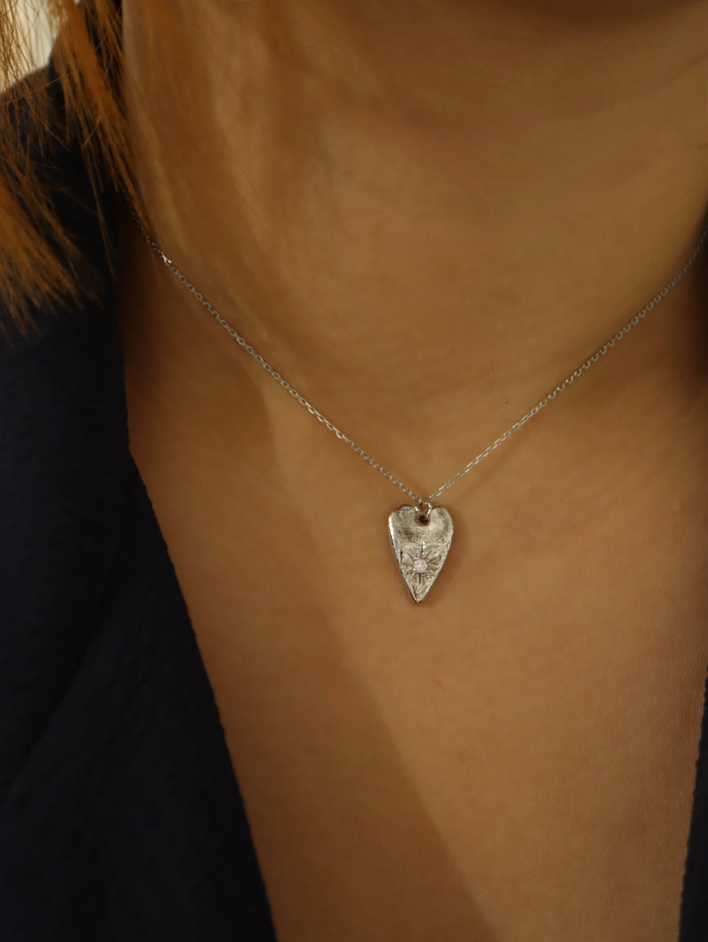 Long heart stud cz necklace