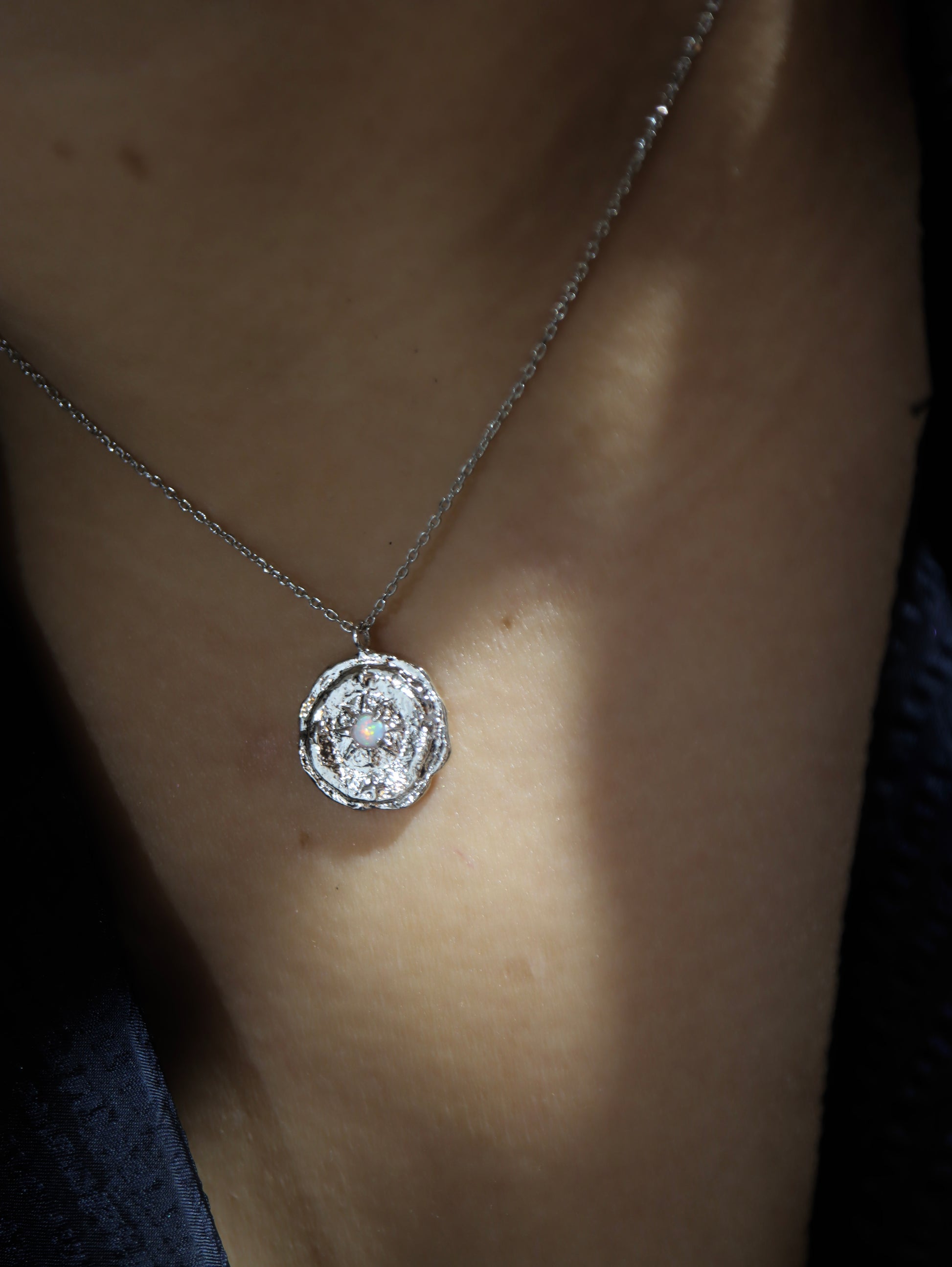 Opal coin brass necklace