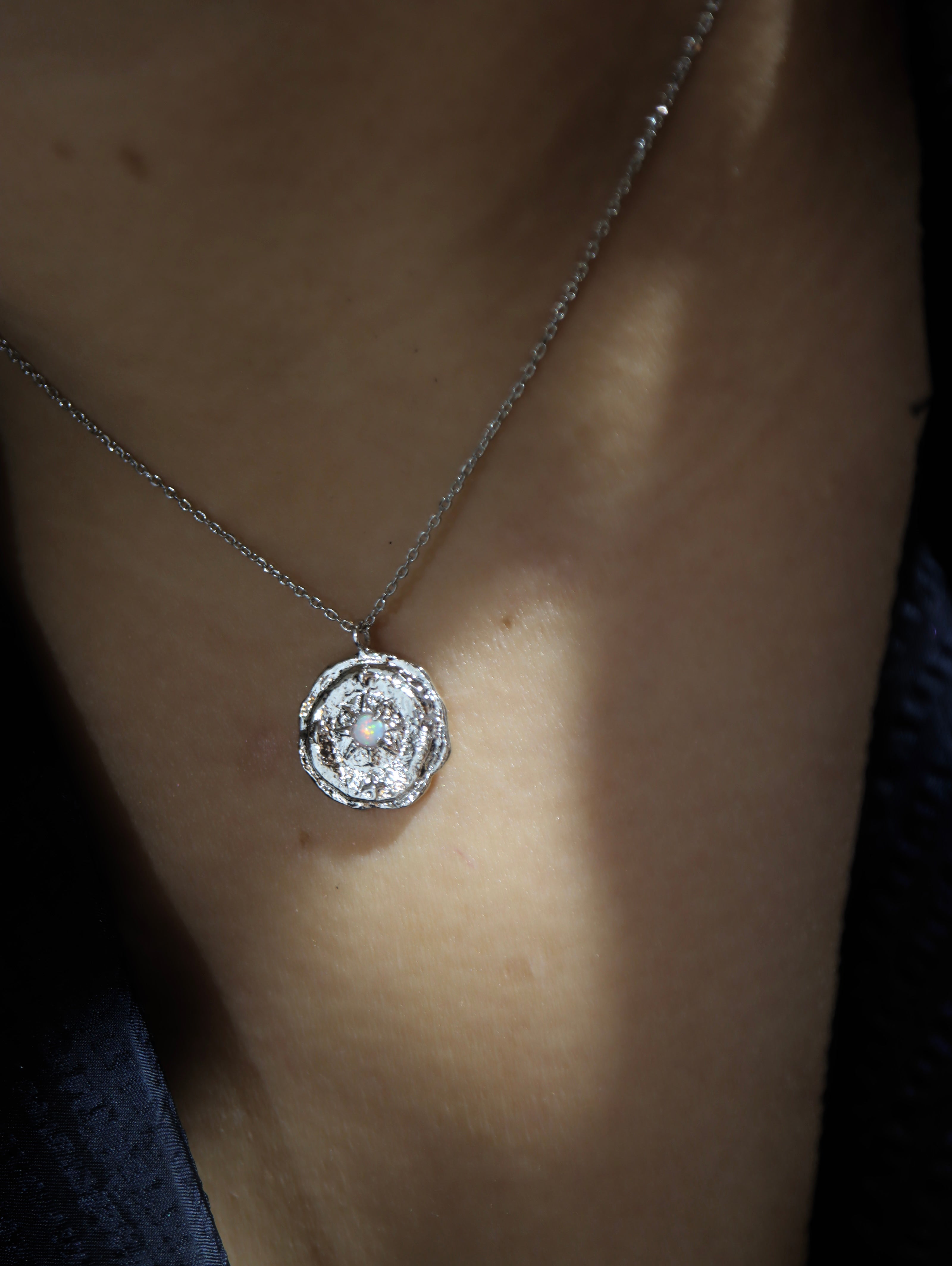 Opal coin brass necklace