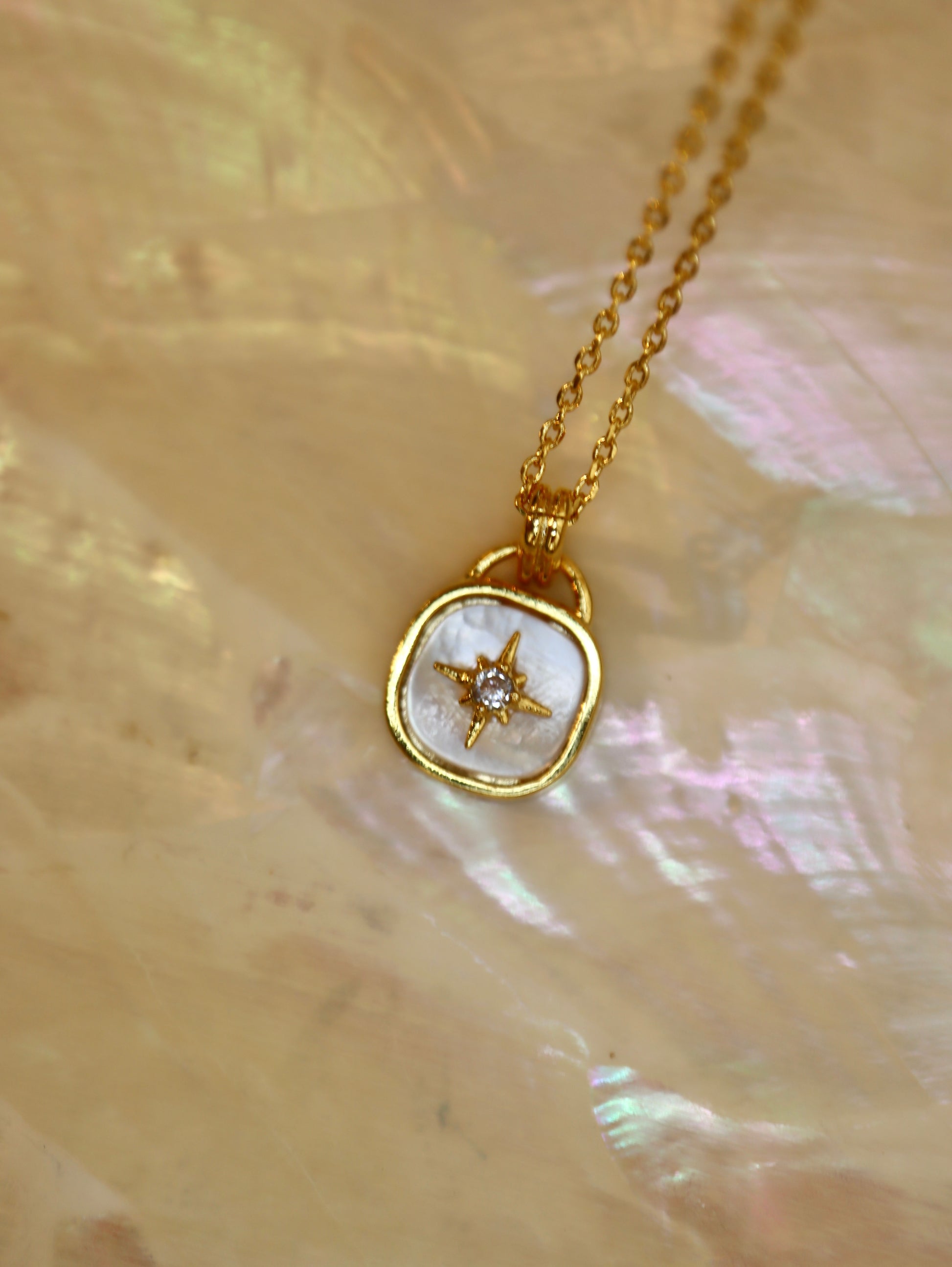 Crescent / sparkle shell coin necklace
