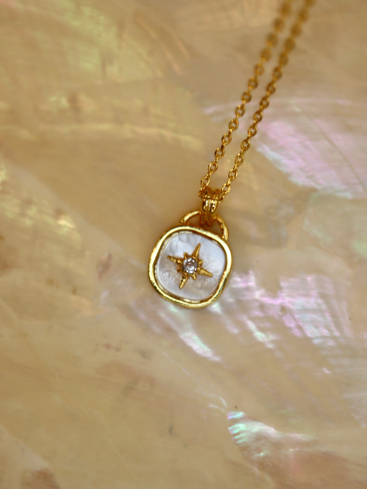 Crescent / sparkle shell coin necklace