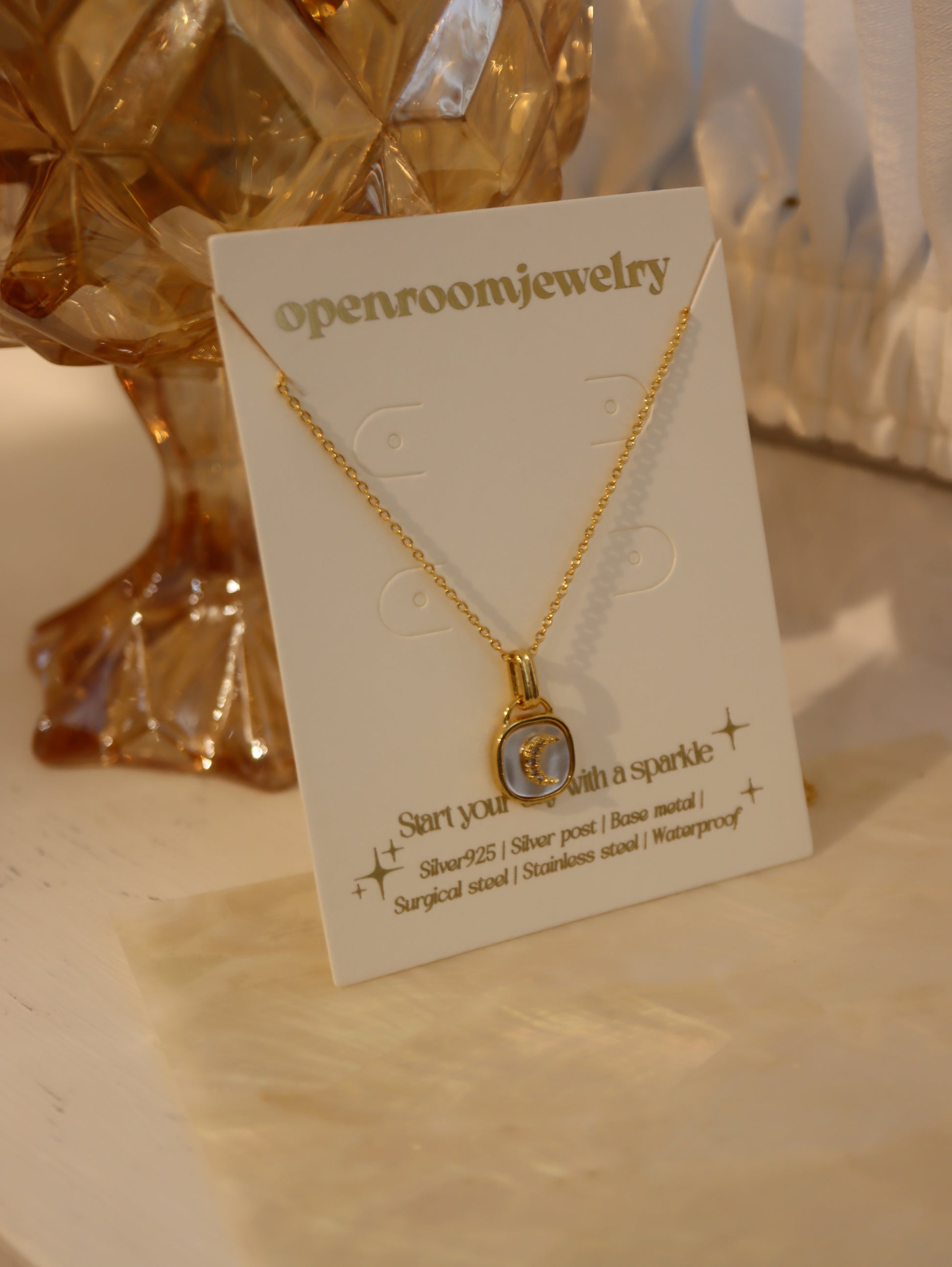 Crescent / sparkle shell coin necklace