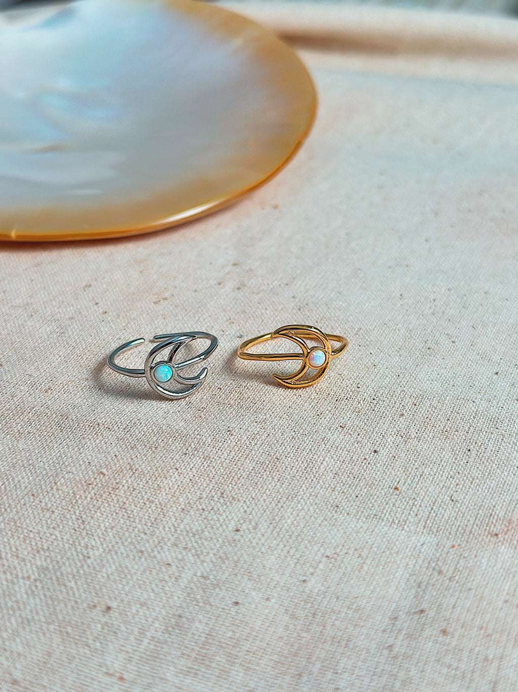 Crescent moon outline opal ring