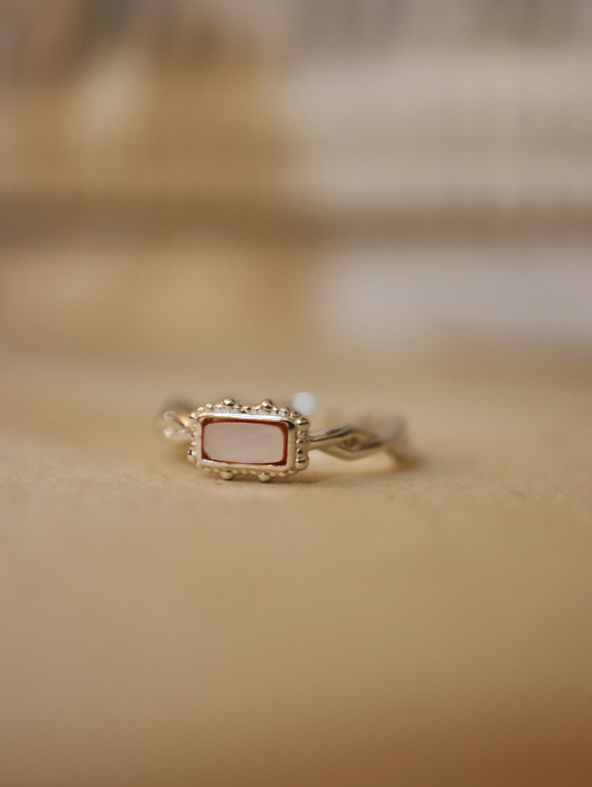 Rectangular pale pink stone 925 silver ring