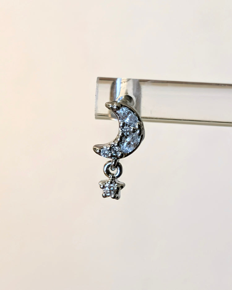 Crescent moon drop star cz surgical steel stud piercing (1pc)