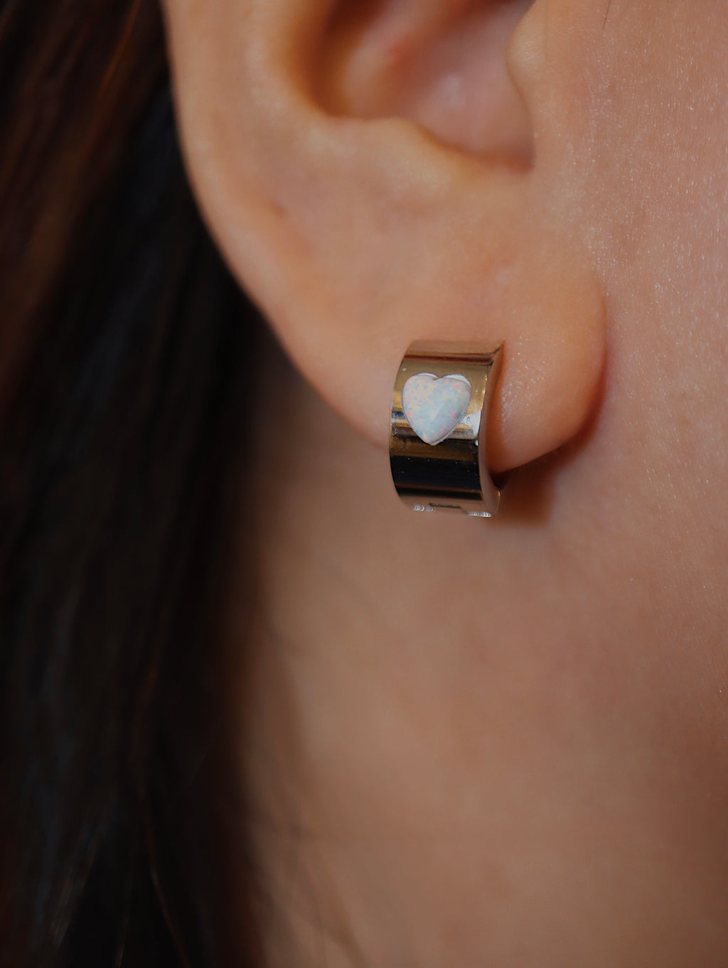 Surgical steel heart opal hoop earrings