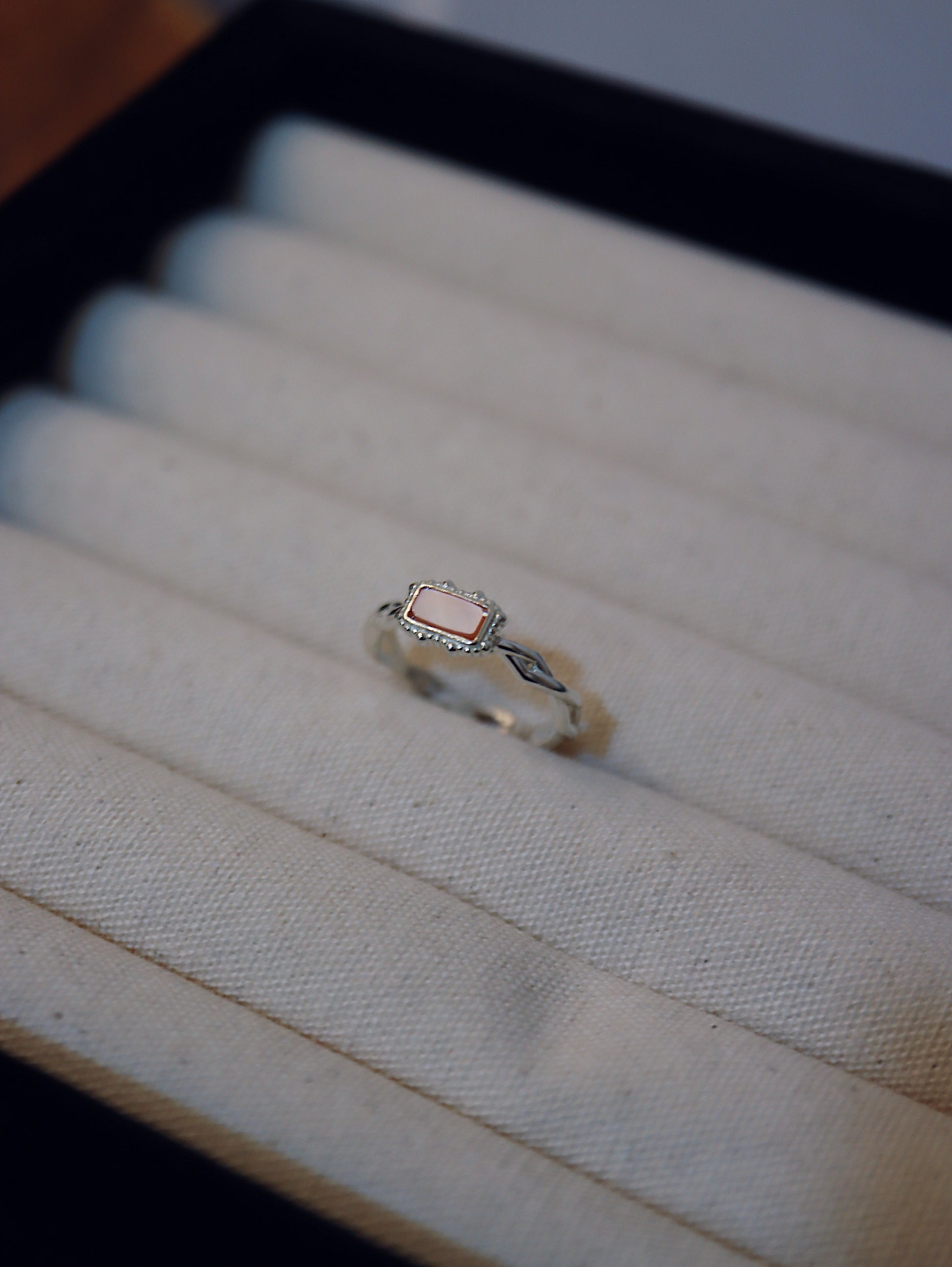 Rectangular pale pink stone 925 silver ring