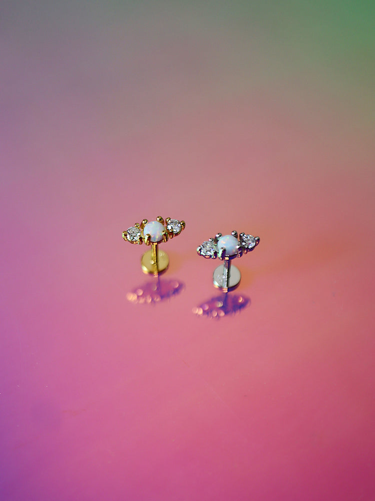 Opal cz bar 925 silver flat back earring piercing