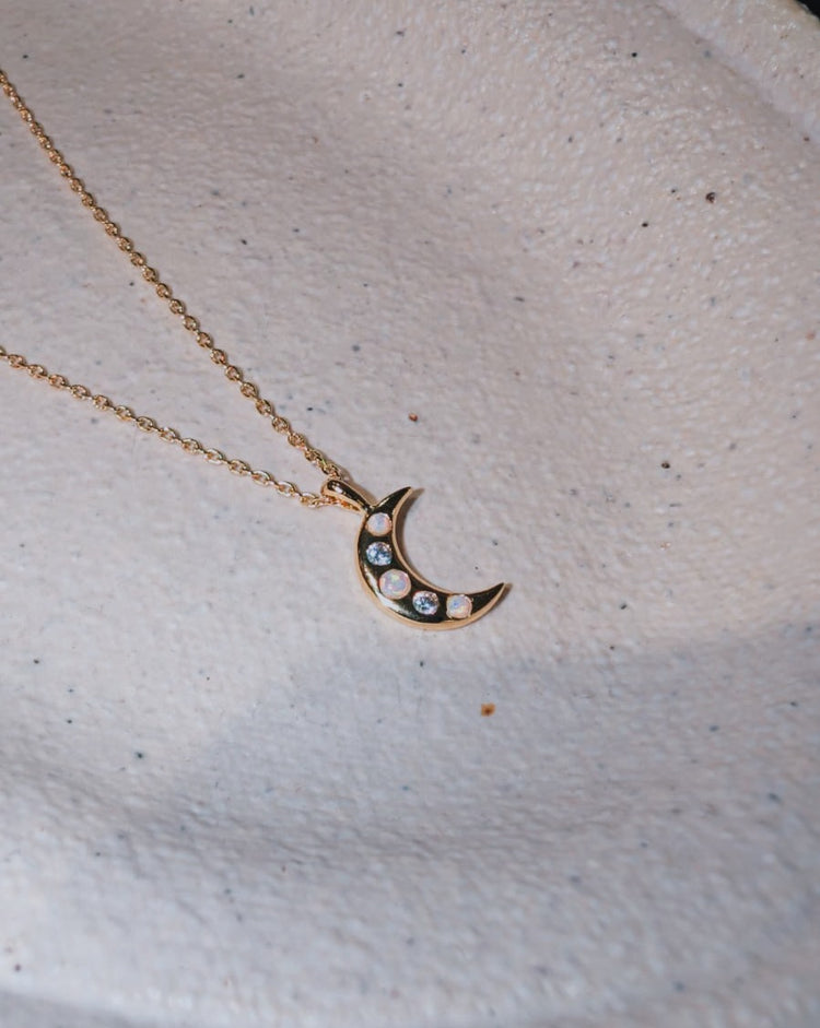 Crescent cz opal brass necklace