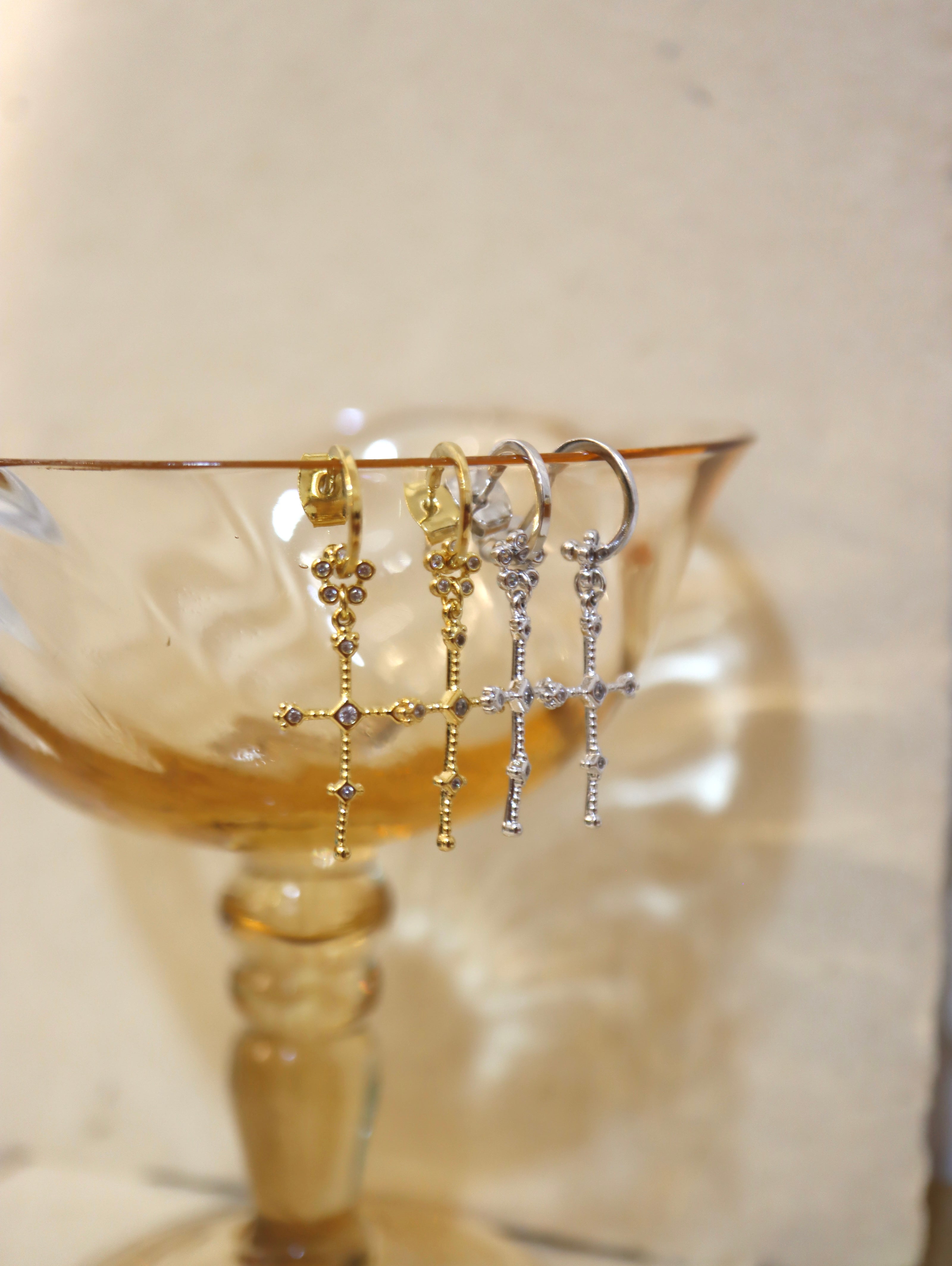 Drop cz cross brass earrings