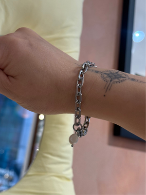 Interlock raw pearl stainless steel bracelet