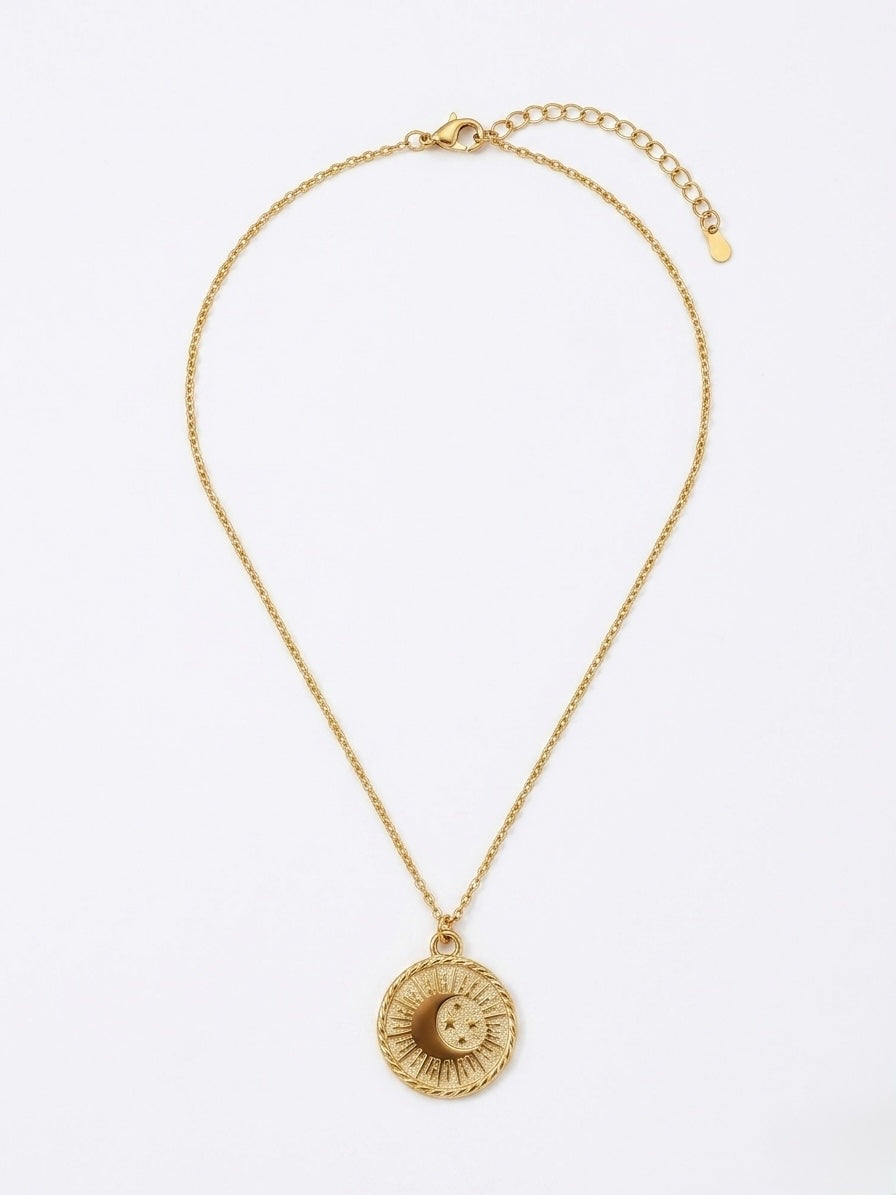 Stainless Steel Sun in Crescent Coin Necklace