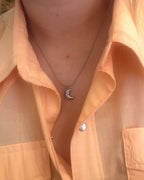 Crescent cz stud stainless steel necklace
