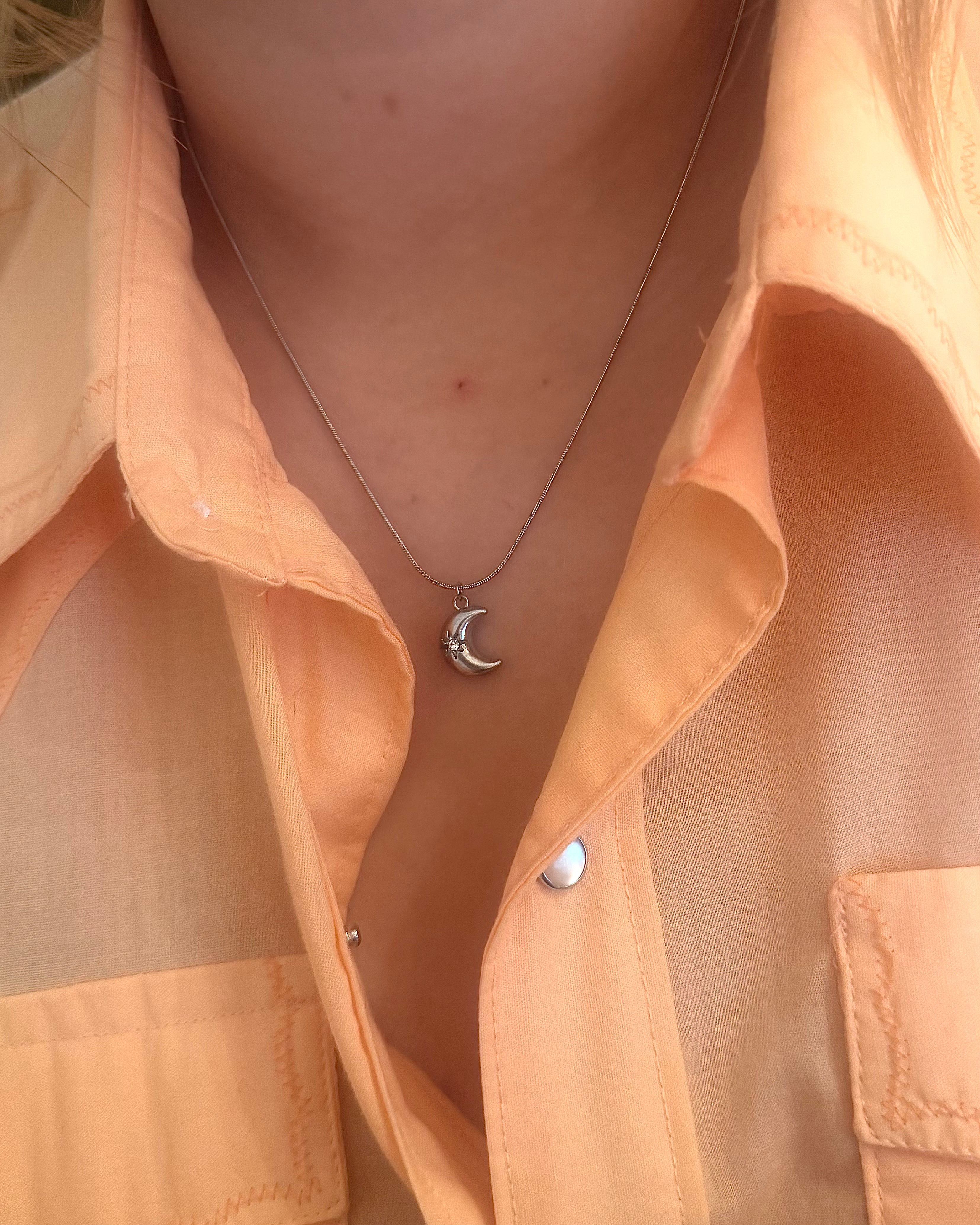 Crescent cz stud stainless steel necklace