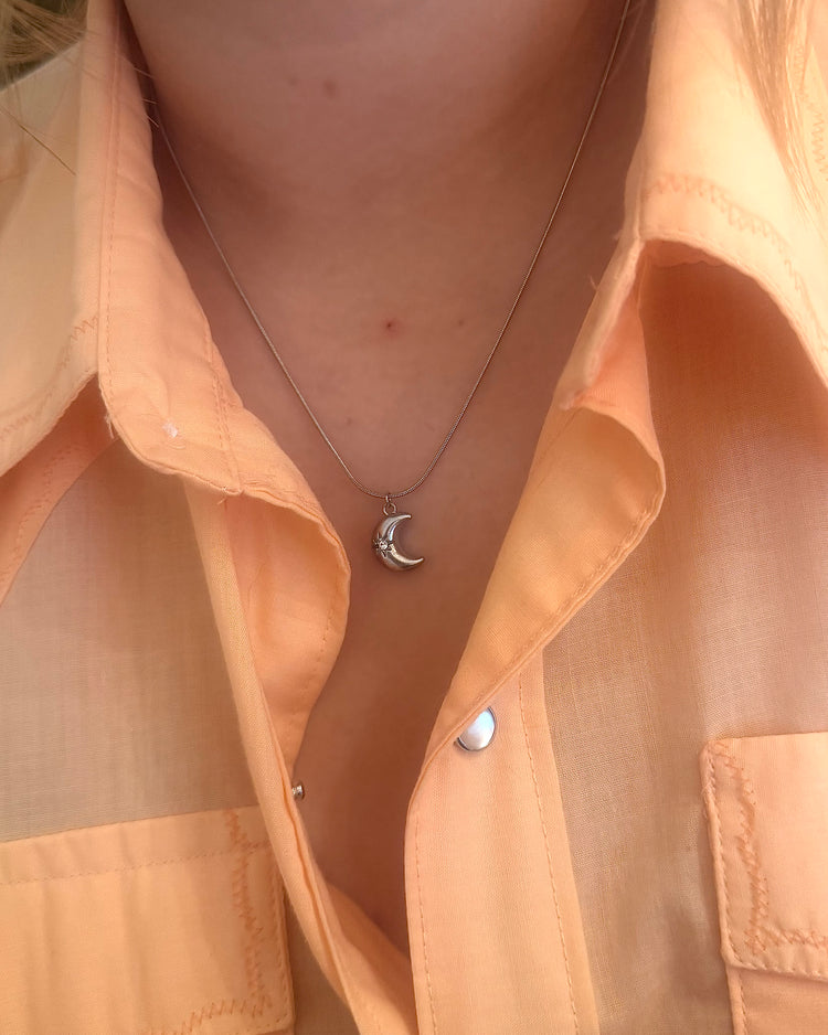 Crescent cz stud stainless steel necklace