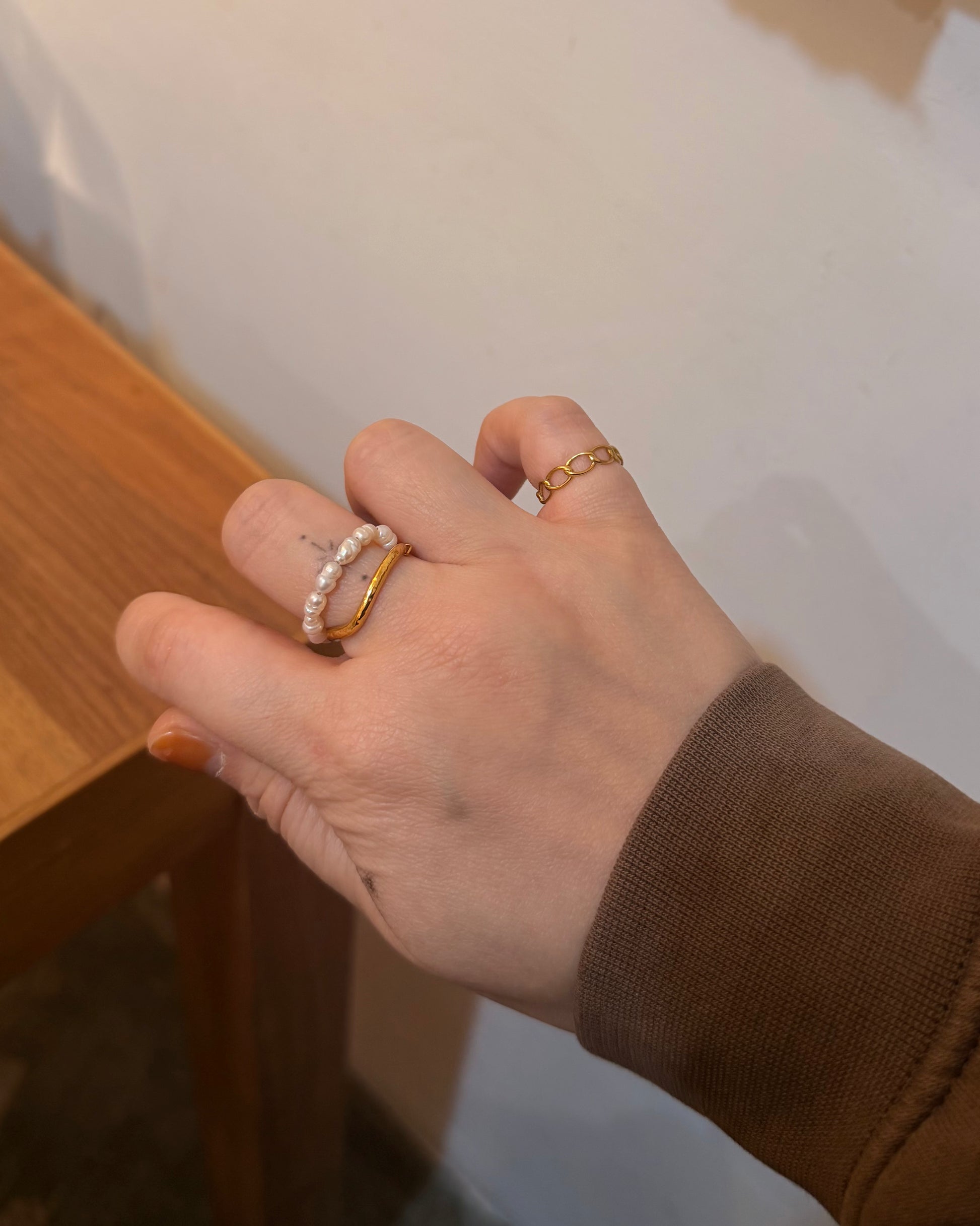 Raw pearl double band stainless steel ring