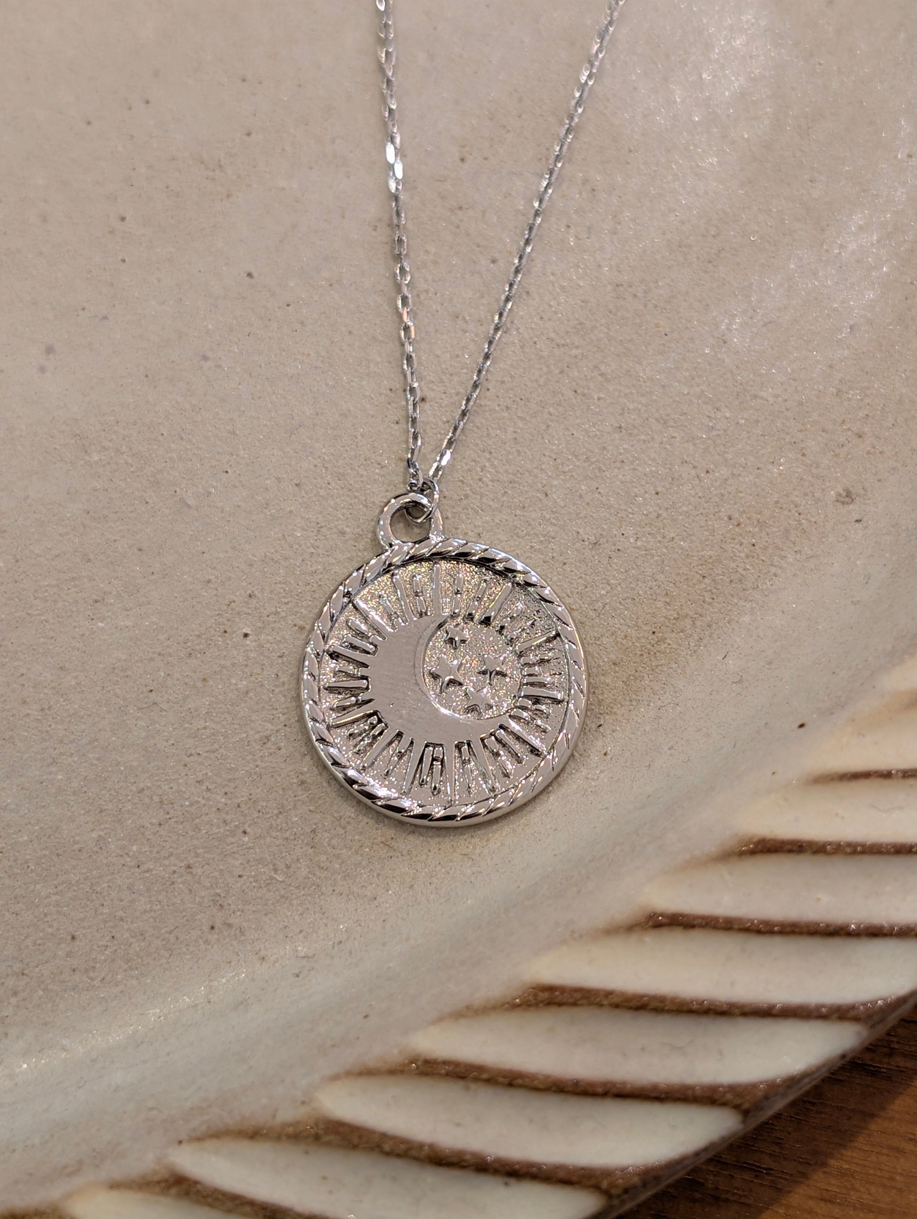 Stainless Steel Sun in Crescent Coin Necklace