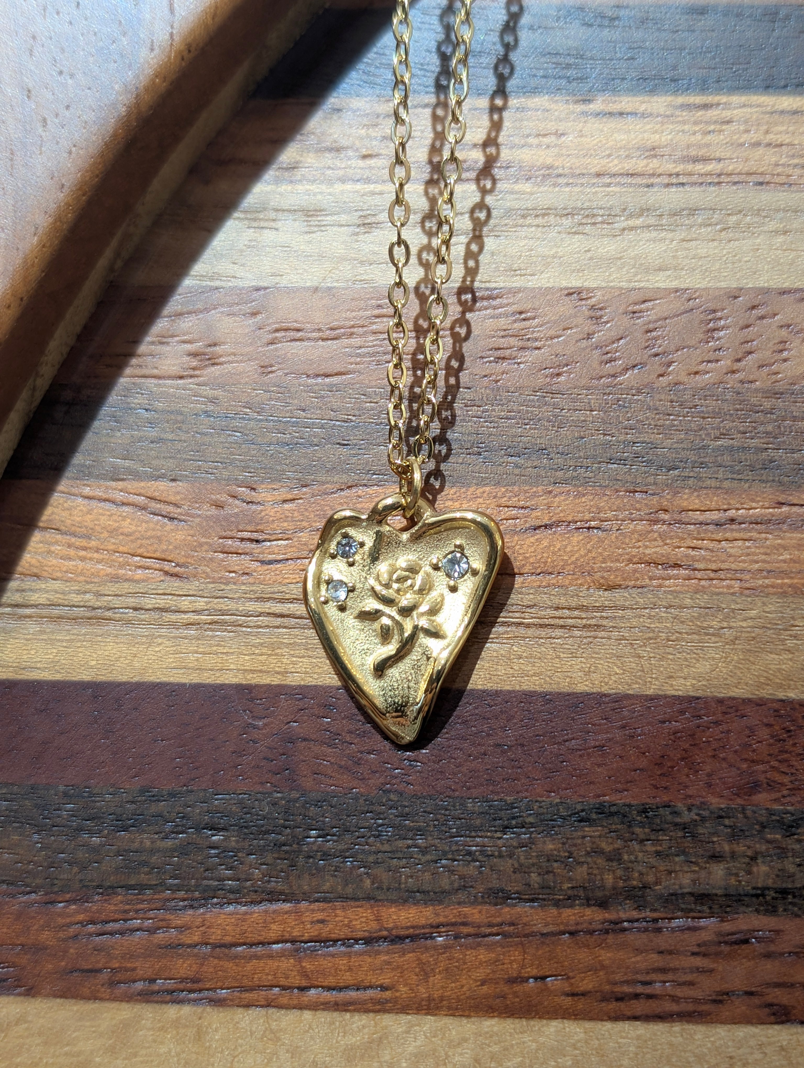 Embossed Rose Heart Pendant Stainless Steel Necklace