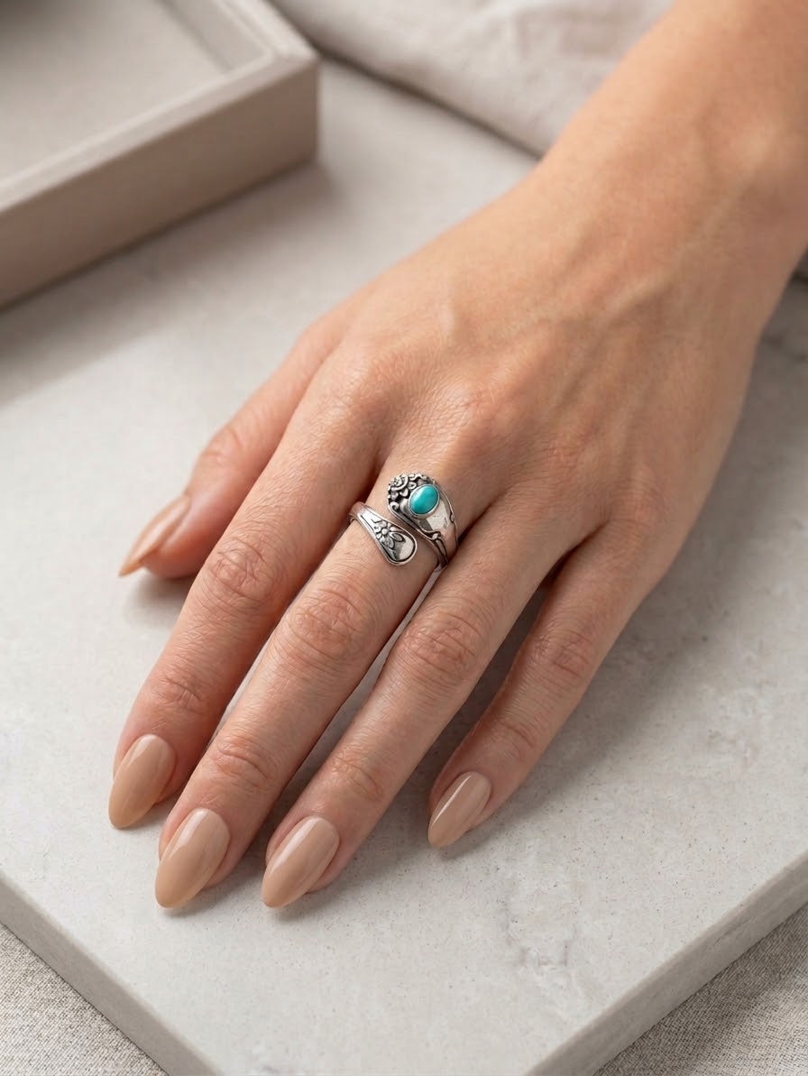 Ornate Turquoise Floral Band 925 Silver Ring
