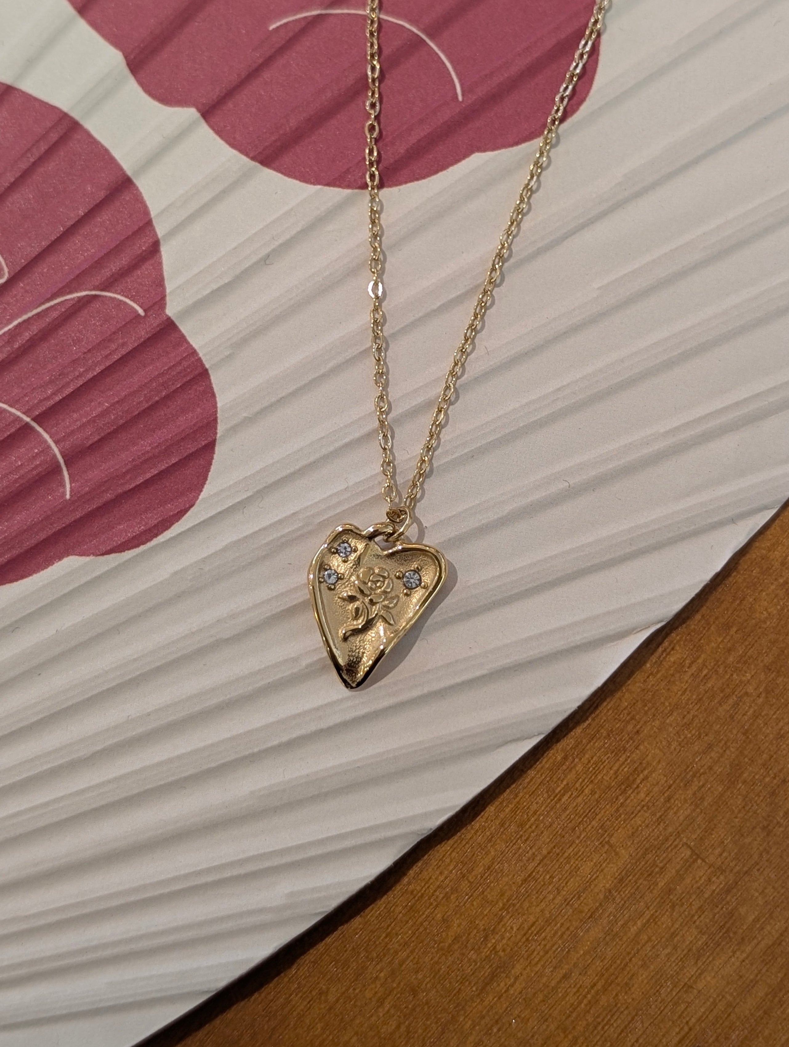 Embossed Rose Heart Pendant Stainless Steel Necklace
