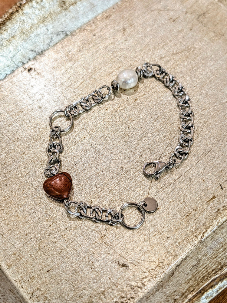 Heart & pearl stainless steel bracelet