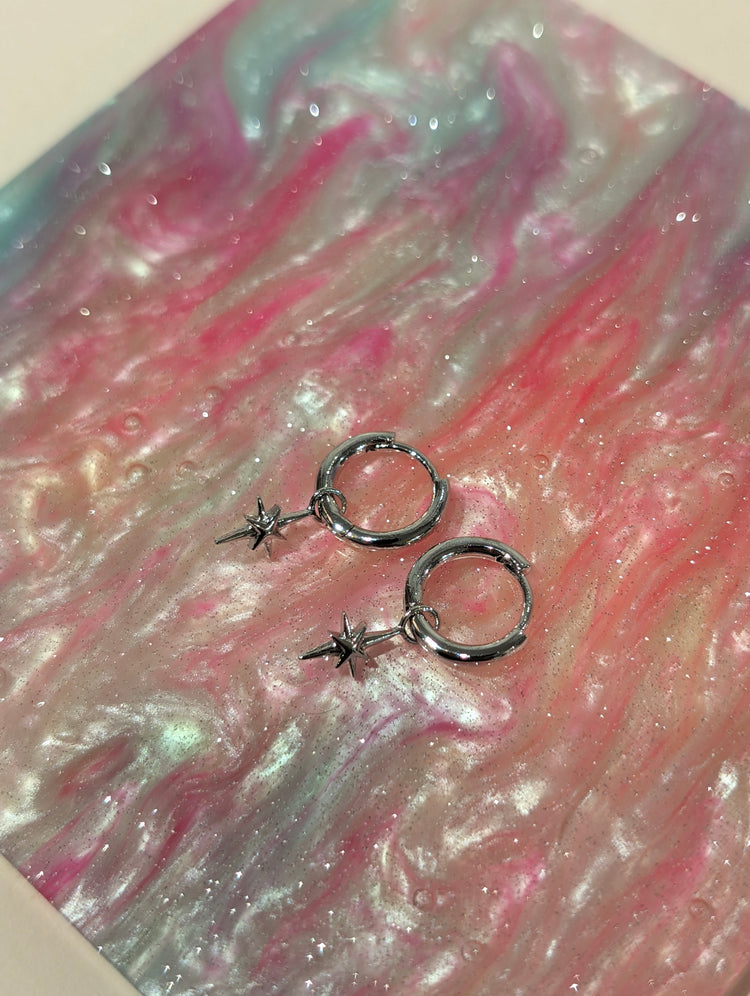 Hinged hoop drop starburst earrings