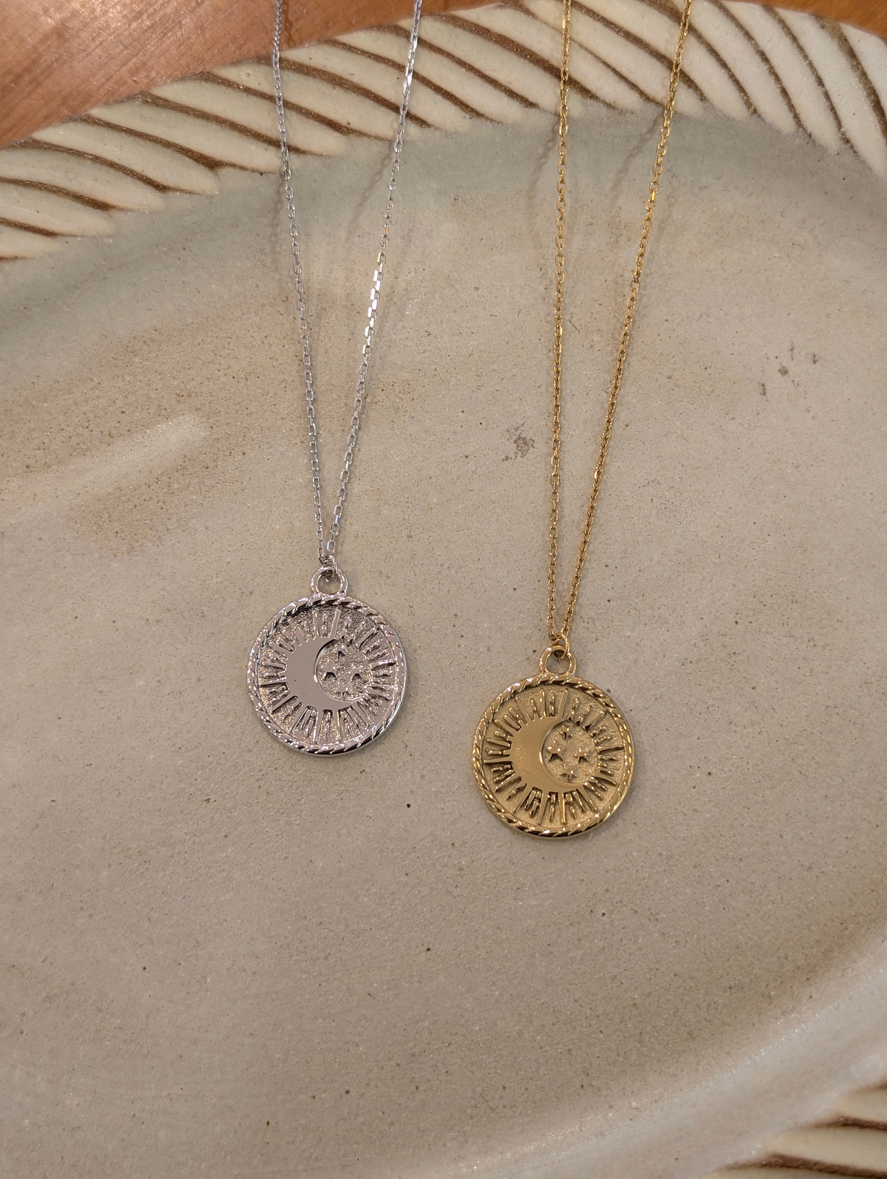 Stainless Steel Sun in Crescent Coin Necklace