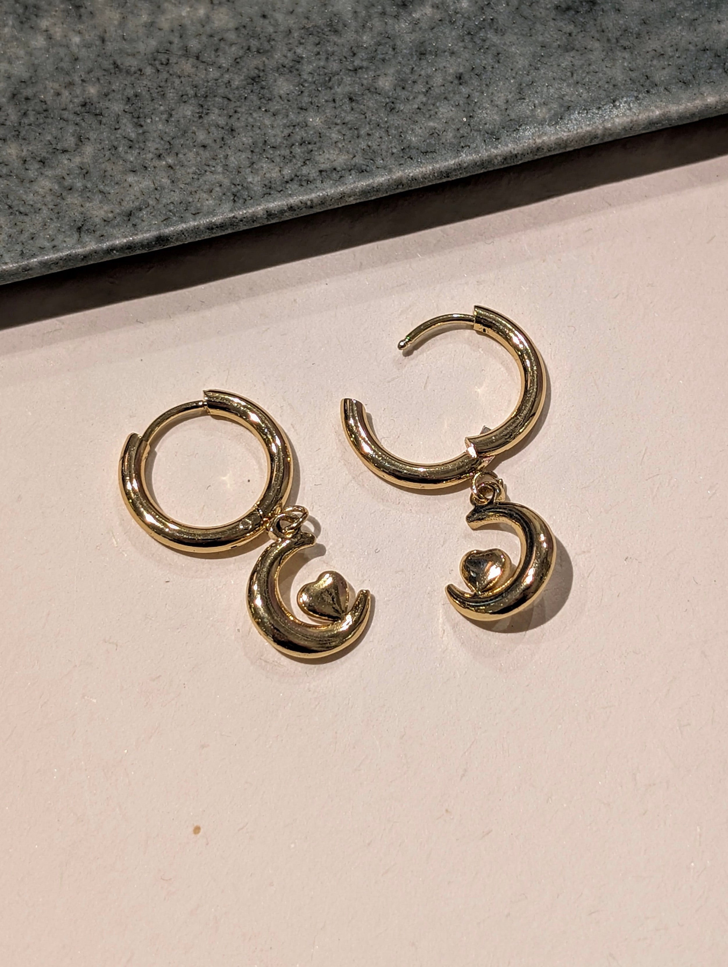 Hoop drop crescent heart stainless steel earrings