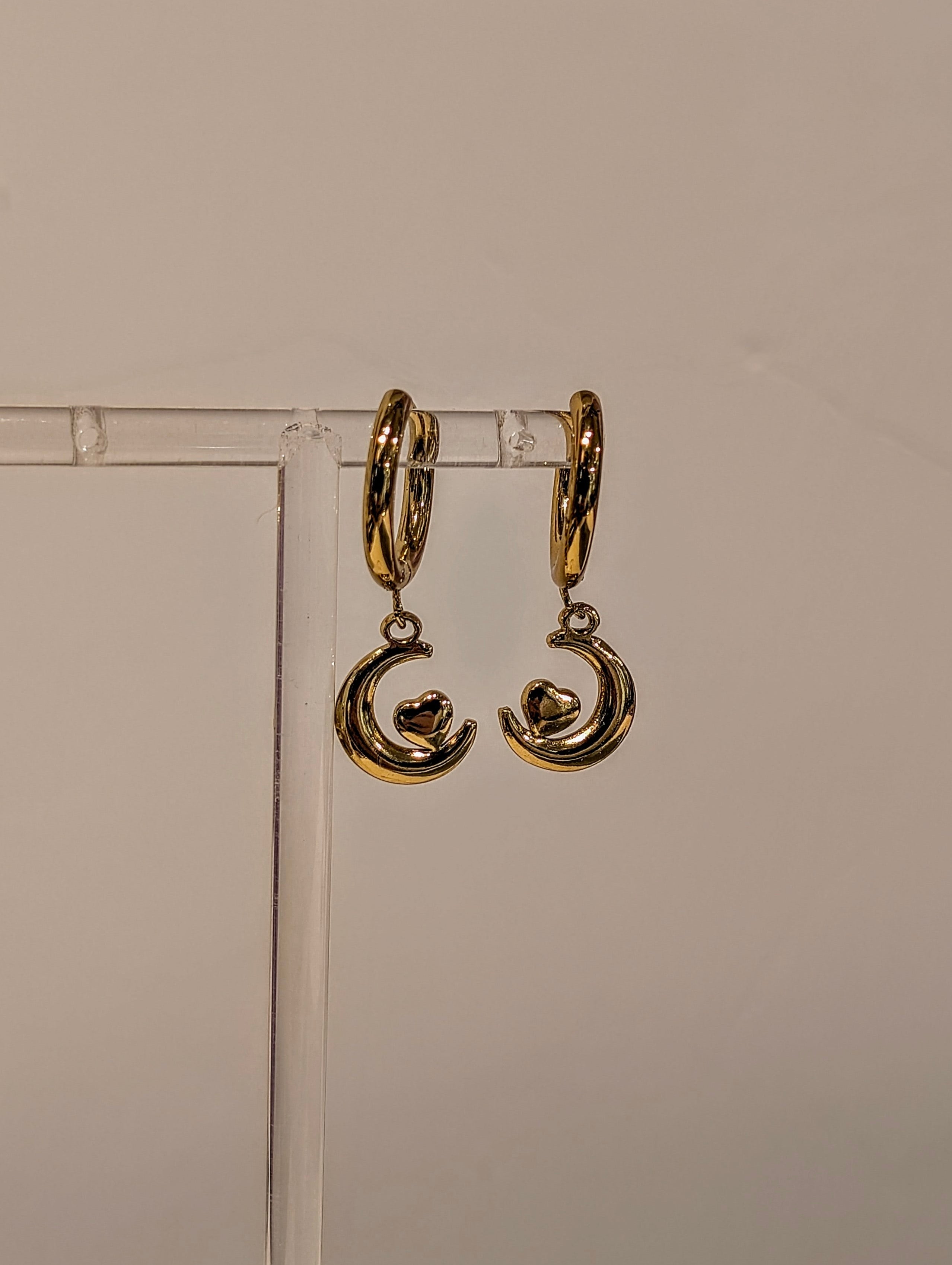 Hoop drop crescent heart stainless steel earrings